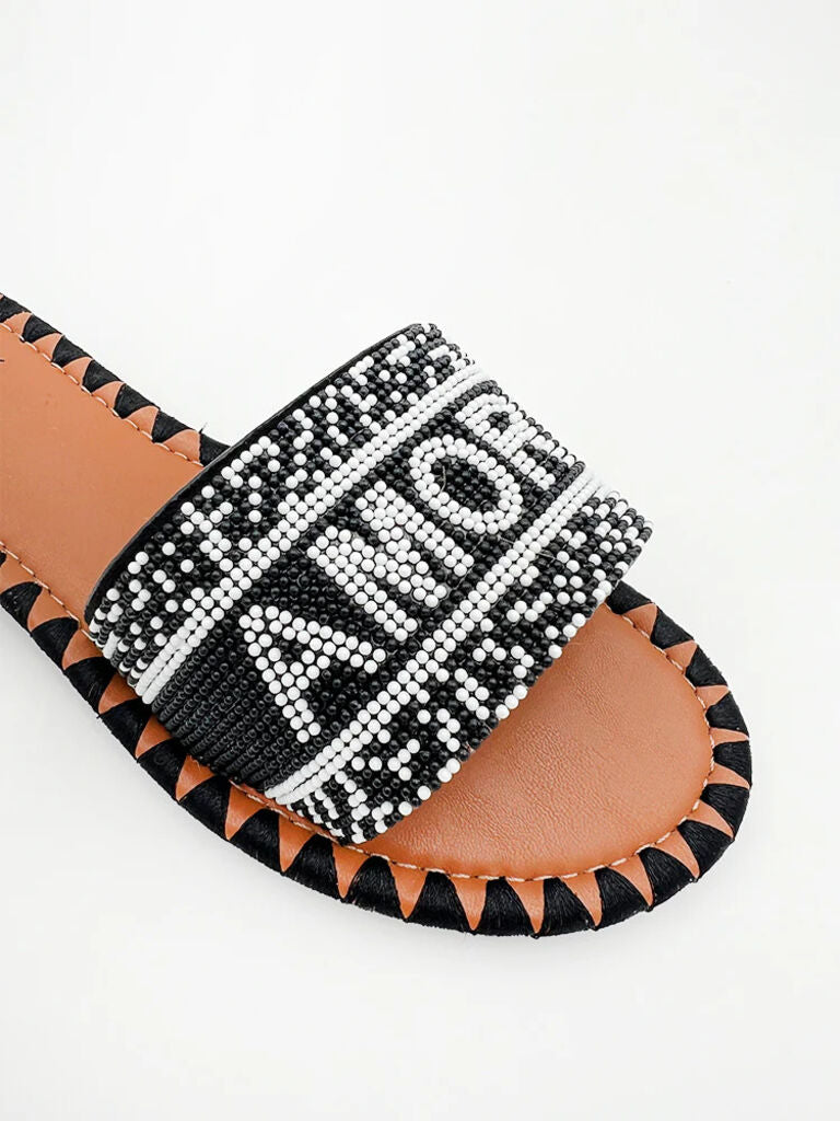 Navy Geometric Slide Sandals with Beaded Detail