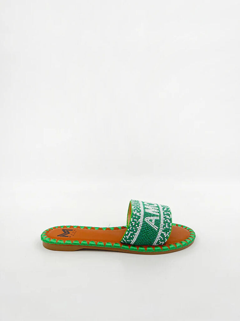 Green Beaded Slip-On Sandal with Geometric Pattern