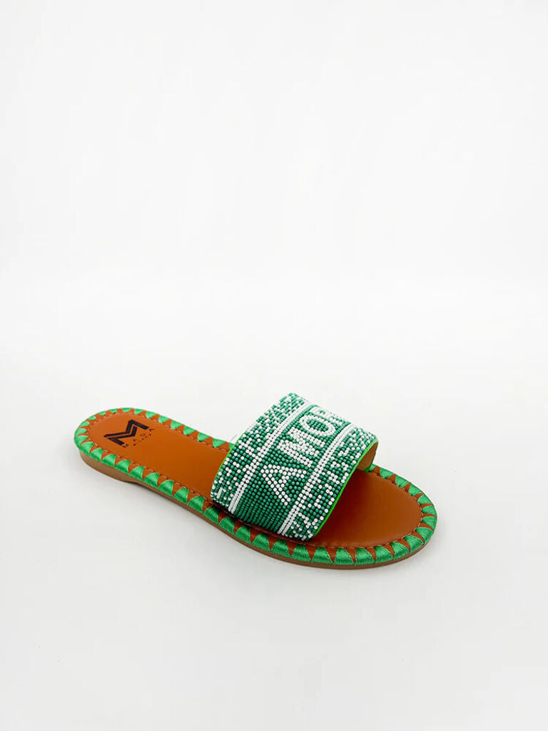 Green Beaded Slip-On Sandal with Geometric Pattern