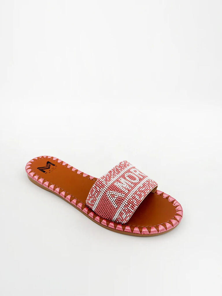 Red Woven Slide Sandals with Patterned Trim