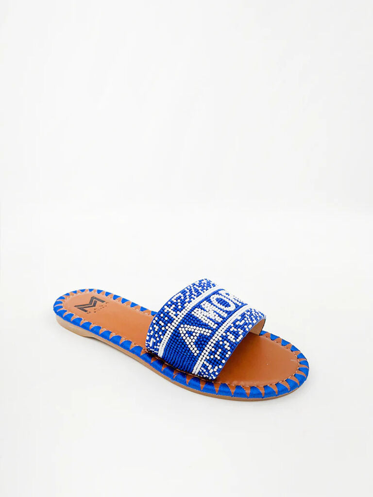Blue Beaded Slide Sandal with Geometric Pattern