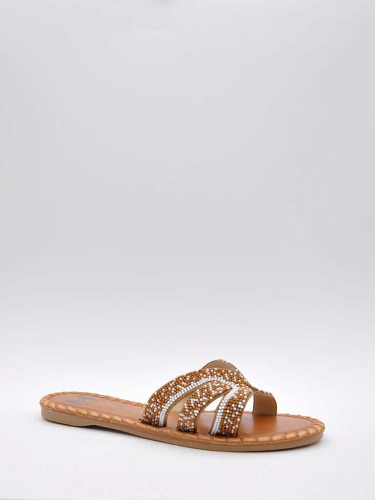 Brown Beaded Slide Sandals with Interwoven Design