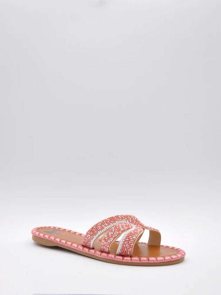 Peach Beaded Slide Sandals with Open Straps