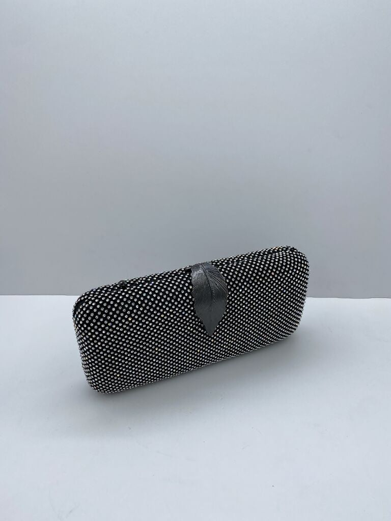 Black Textured Clutch with Leaf Detail
