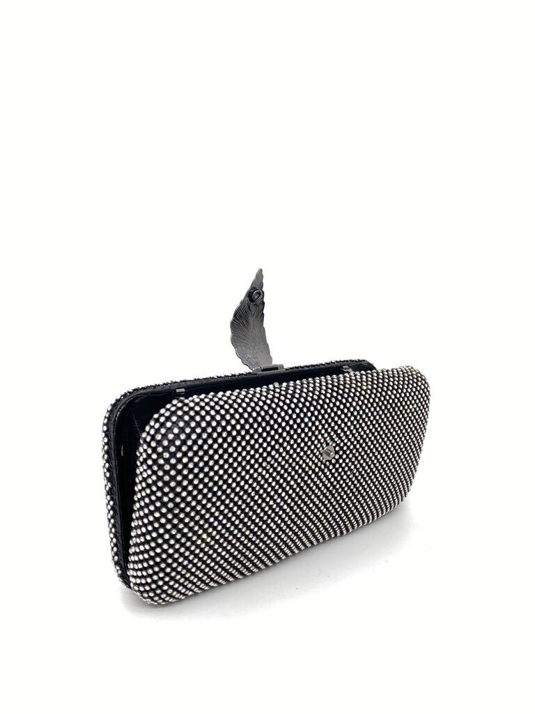 Black Textured Clutch with Leaf Detail