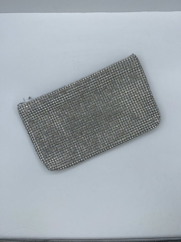 Silver Rhinestone Clutch with Zipper Closure