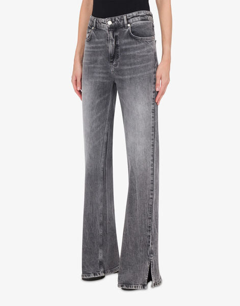 Gray Washed Denim Flared Jeans with Side Slits