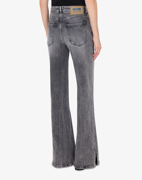 Gray Washed Denim Flared Jeans with Side Slits