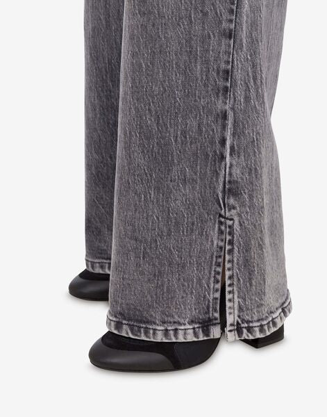 Gray Washed Denim Flared Jeans with Side Slits