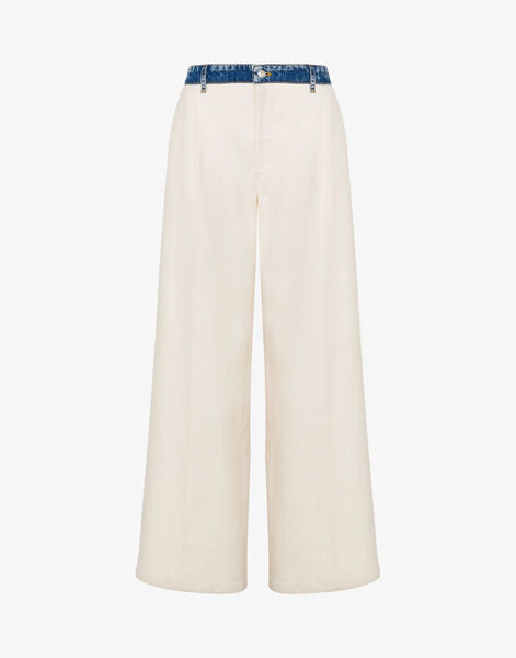 Cream Wide-Leg Trousers with Denim Waistband