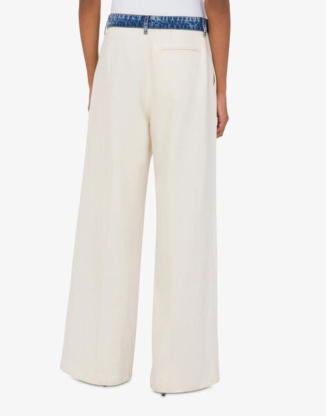Cream Wide-Leg Trousers with Denim Waistband