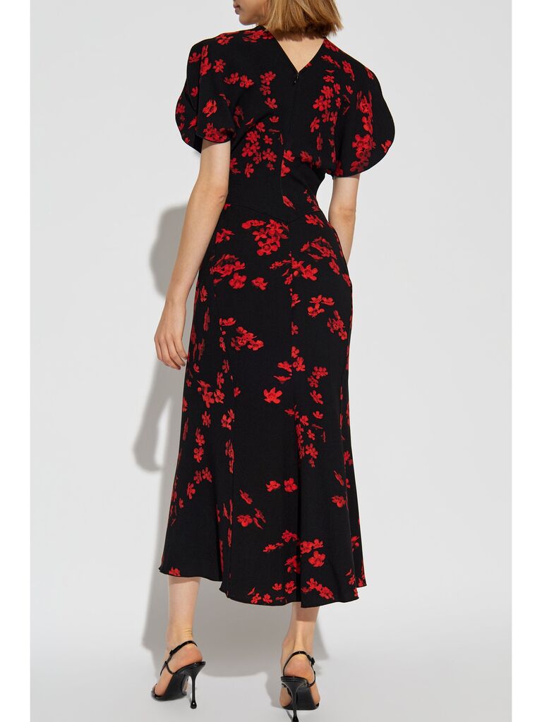 Black Floral Midi Dress with Puff Sleeves