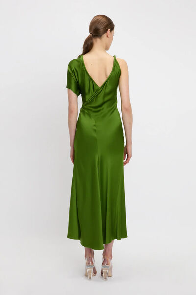 Green Ruched Evening Gown with Draped Sleeve