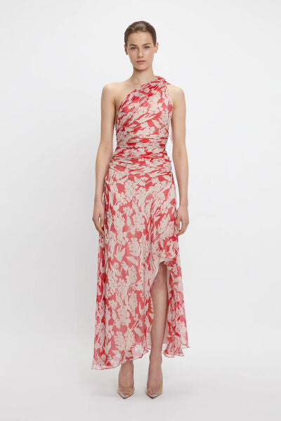 Red Floral One-Shoulder Dress with Side Slit