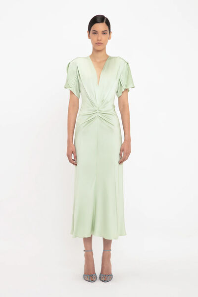 Mint Satin Midi Dress with Draped Detail