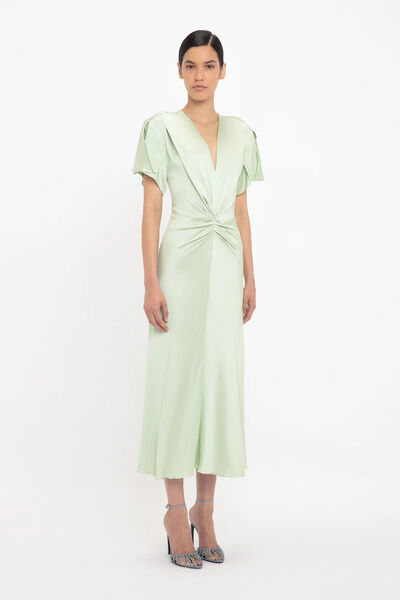 Mint Satin Midi Dress with Draped Detail