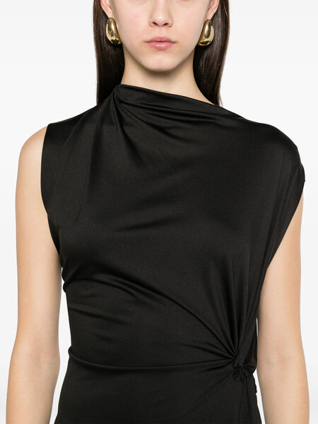 Black Draped Midi Dress with Asymmetrical Hem