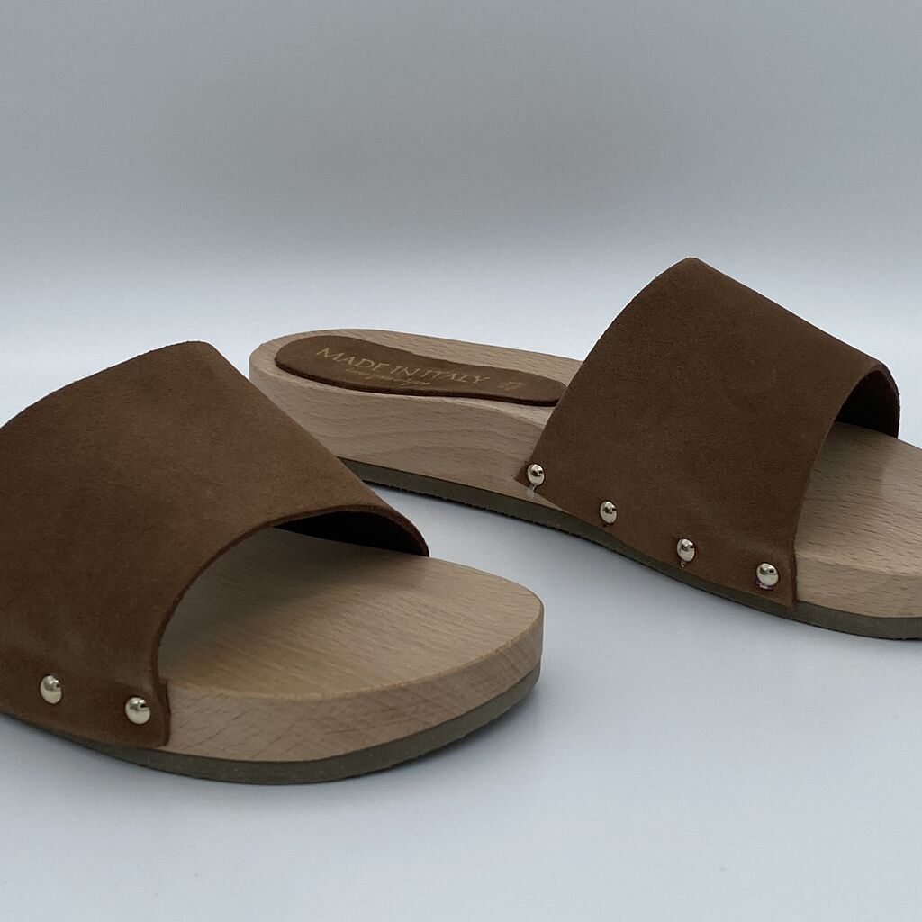 Brown Leather Slide Sandals with Wooden Sole