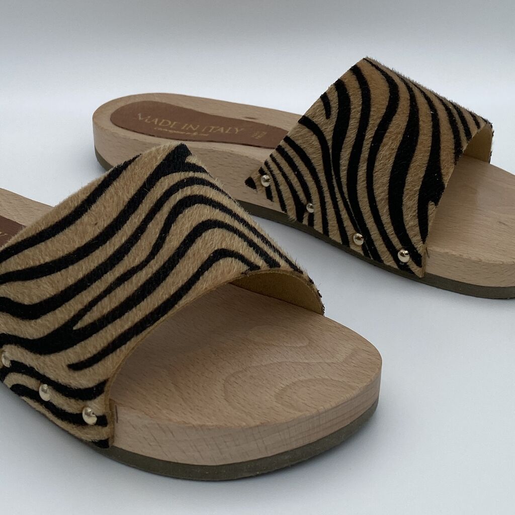 Tan Animal Print Slide Sandals with Wooden Sole