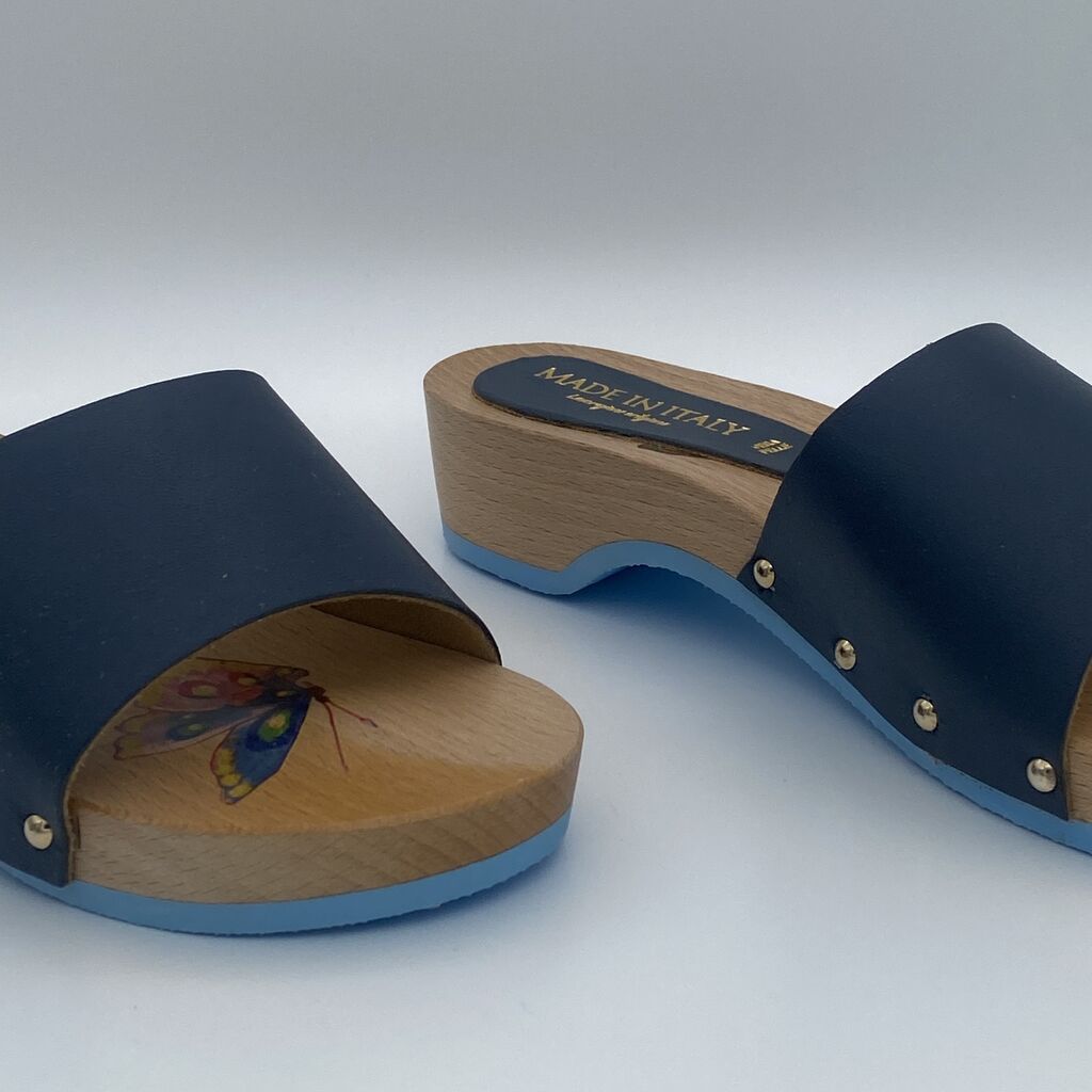 Navy Wood Platform Slides with Rivet Detail