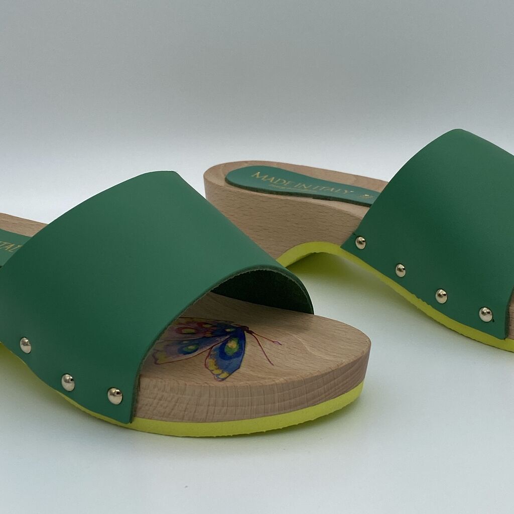 Green Slide Sandals with Wooden Sole and Butterfly Detail