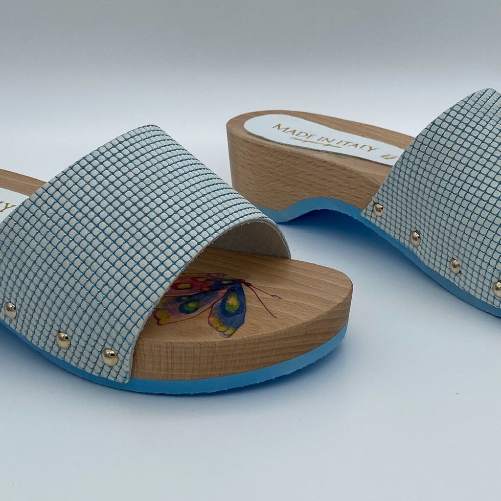 Blue Checkered Wooden Platform Sandals