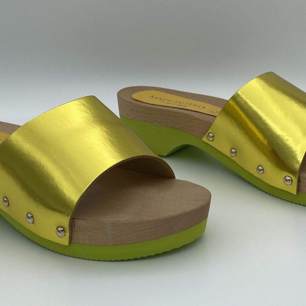 Yellow Metallic Slide Sandals with Wooden Sole