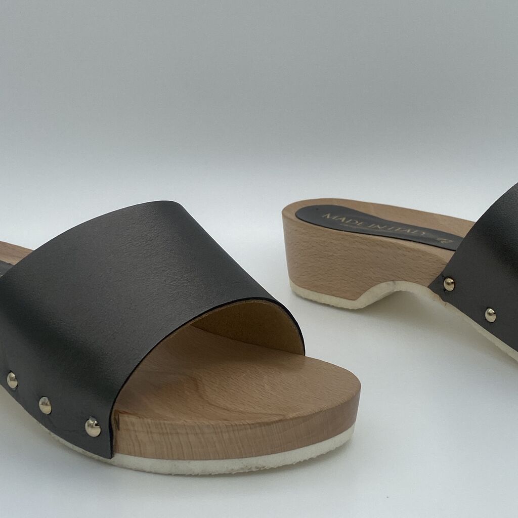 Black Leather Slide Sandals with Wooden Block Heel
