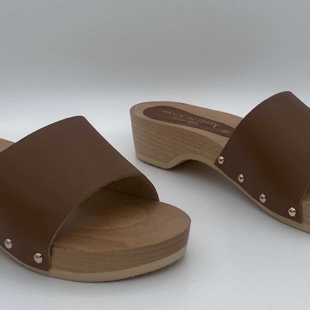 Brown Wooden Slide Sandals with Stud Accents
