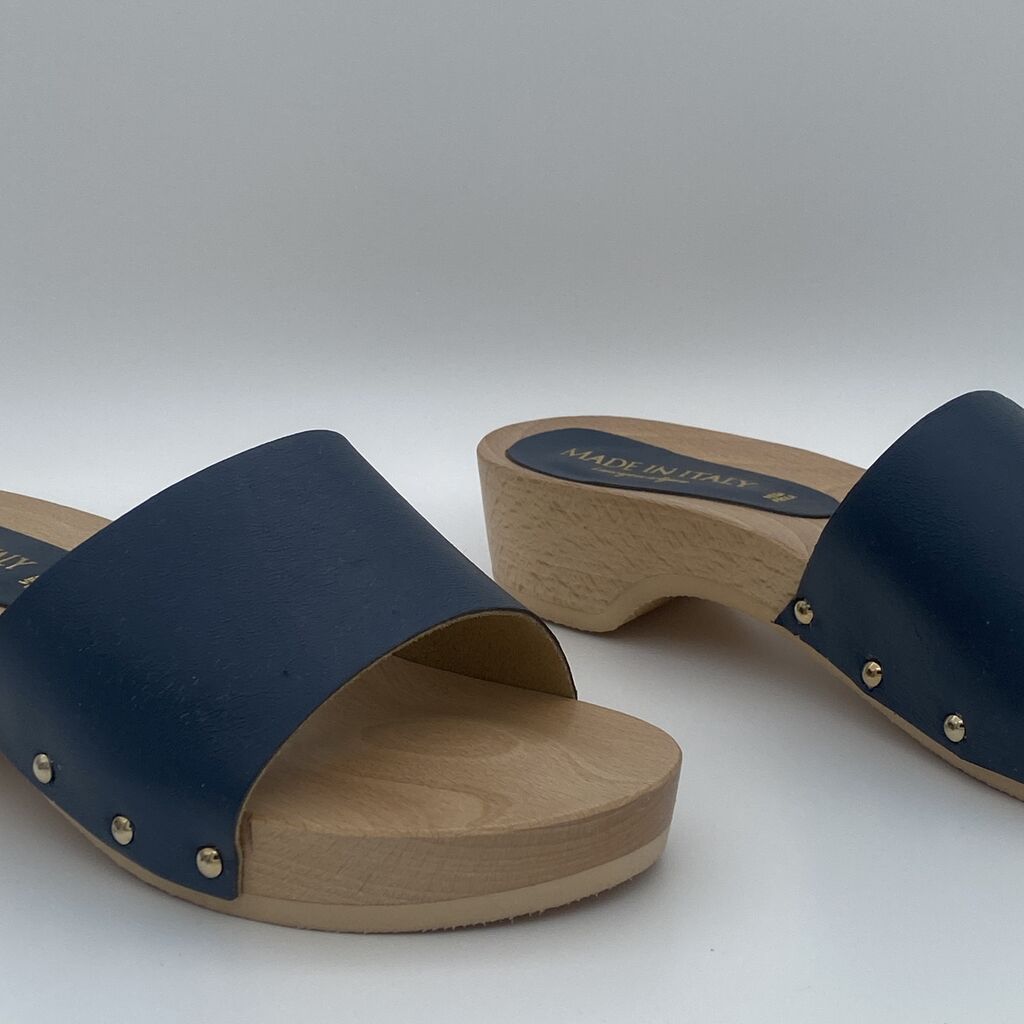 Navy Leather Wooden Slide Sandals with Stud Accents