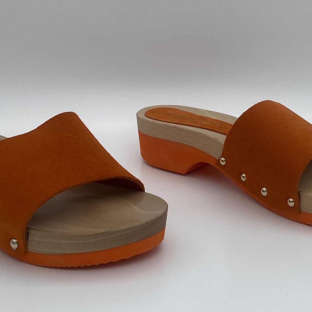 Orange Suede Slide Sandals with Wooden Heel