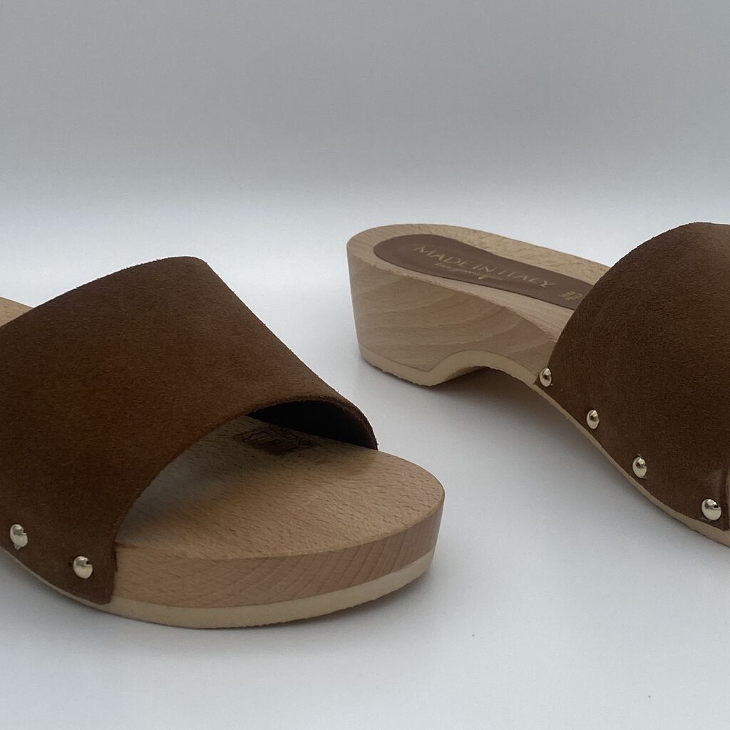 Brown Suede Clog Sandals with Wooden Sole