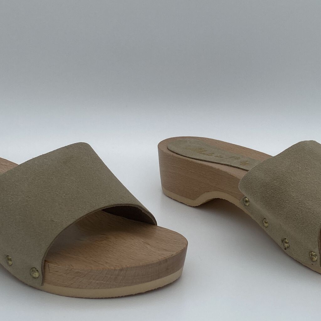 Beige Wooden Slip-On Sandals with Block Heel