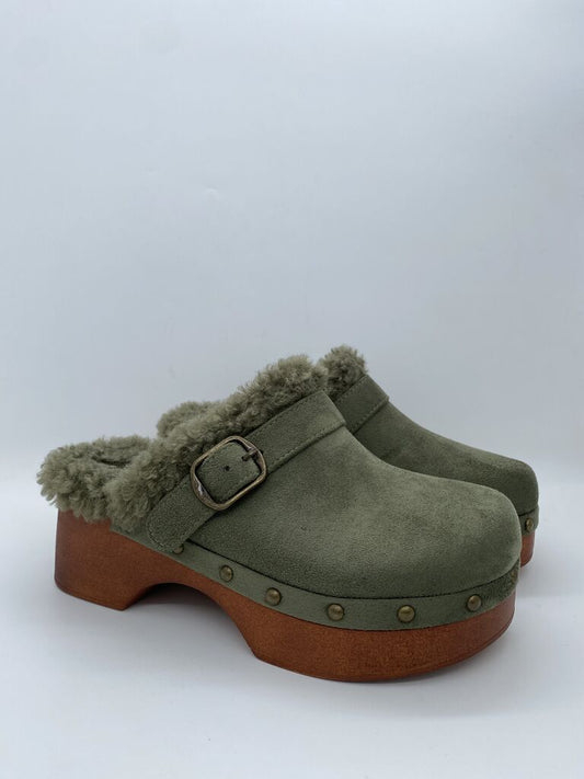 Green Suede Clogs with Shearling Trim