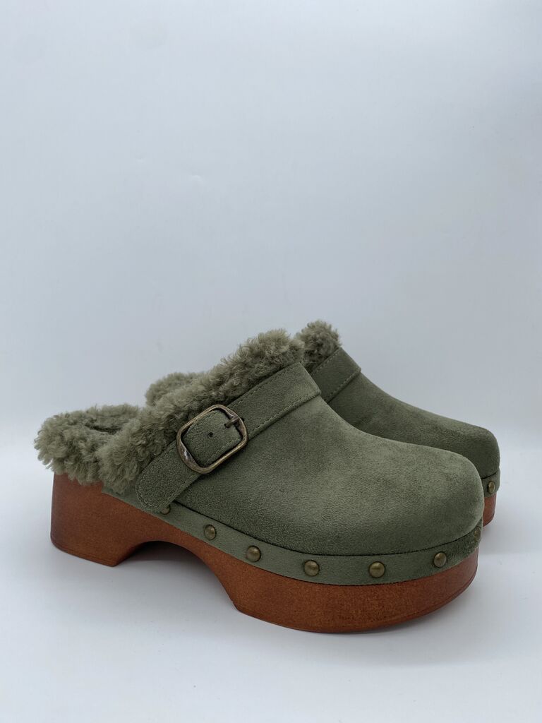 Green Suede Clogs with Shearling Trim