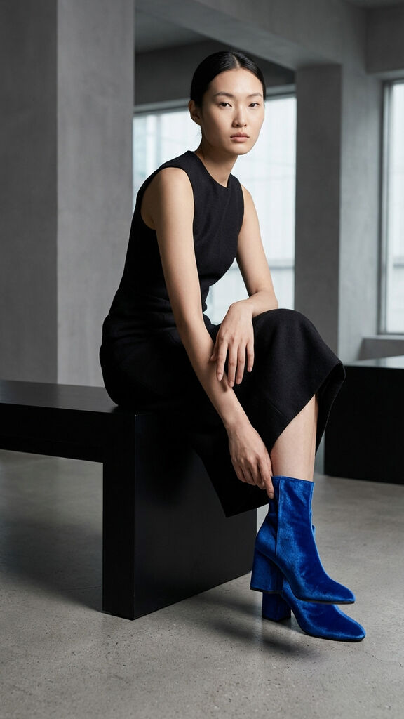 Electric Blue Velvet Ankle Boots with Block Heel