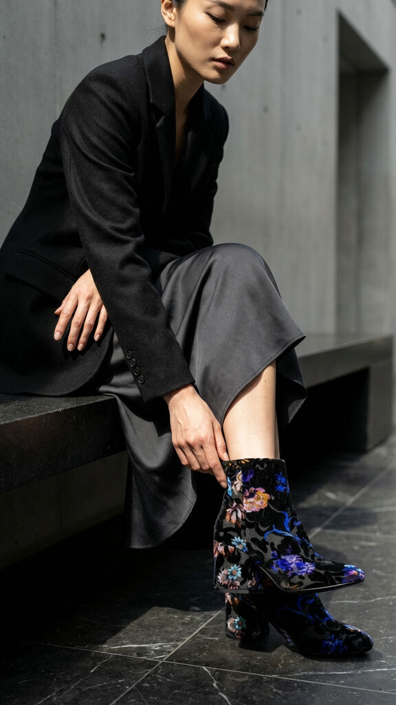 Black Velvet Ankle Boot with Floral Print