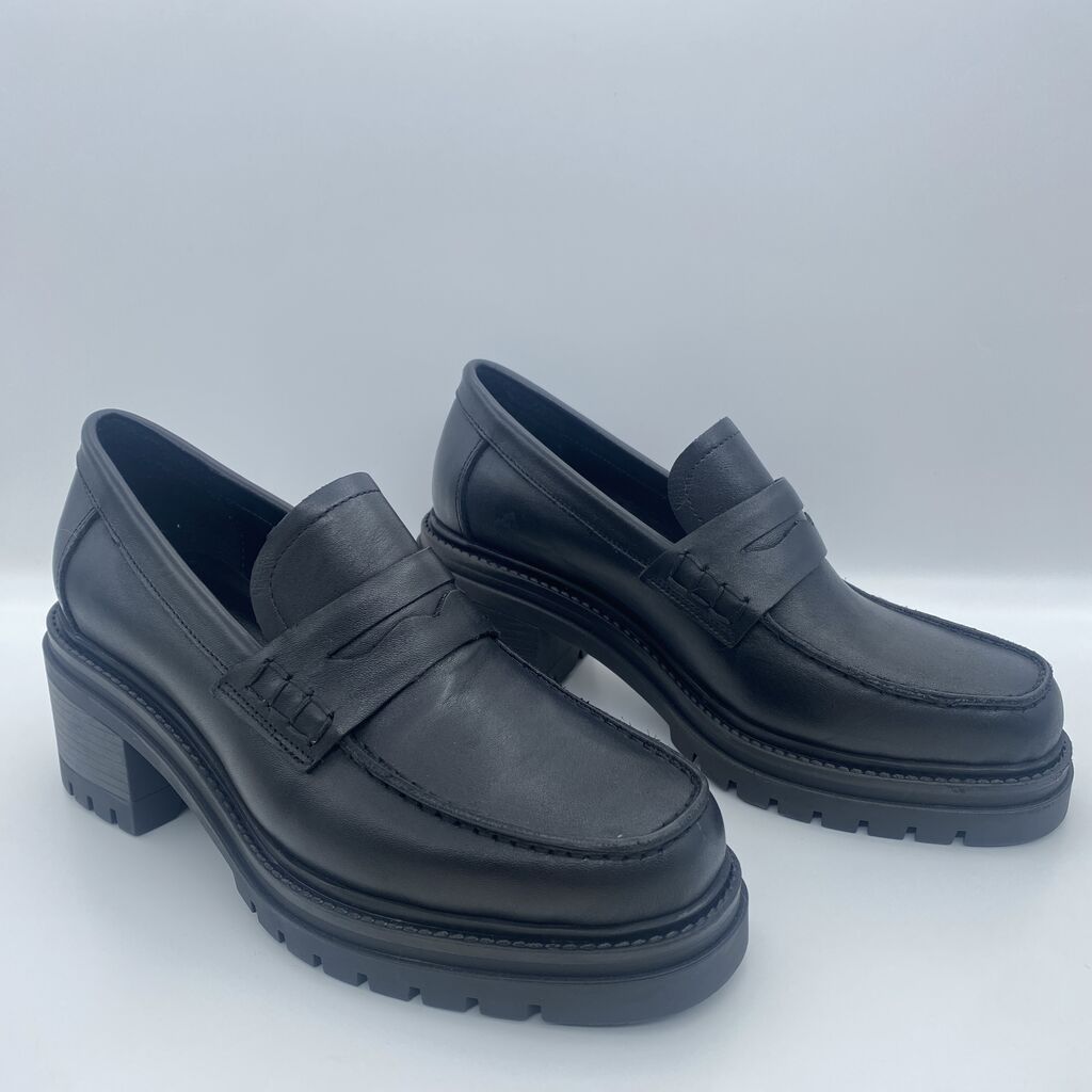 Black Chunky Heel Loafers with Lug Sole
