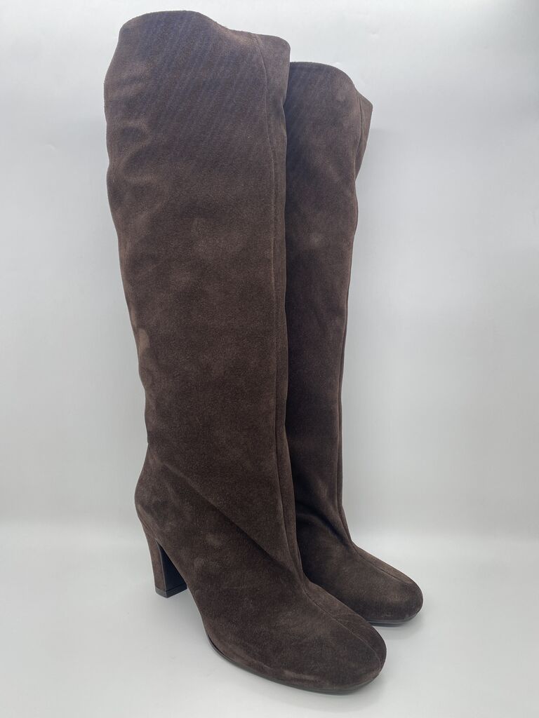 Chocolate Suede Knee-High Boot with Block Heel