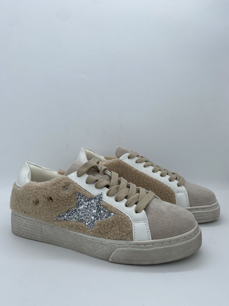 Beige Fabric Sneakers with Glitter Star Detail