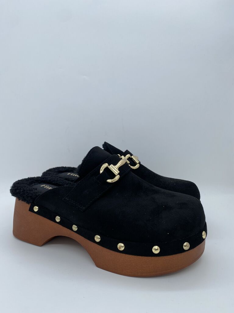 Black Suede Clogs with Gold Accents