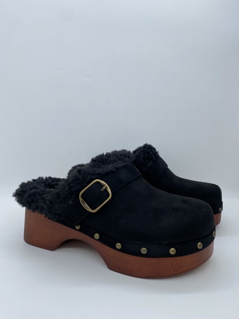 Black Faux Fur Lined Clogs with Wooden Heel