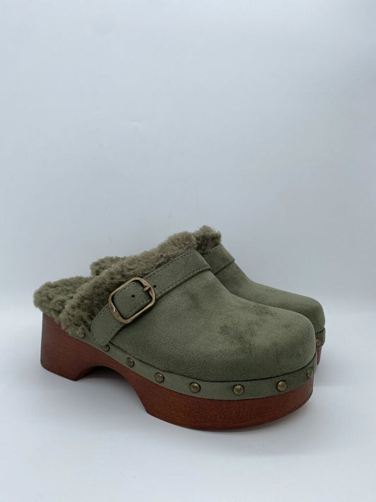 Olive Suede Clogs with Faux Fur Lining