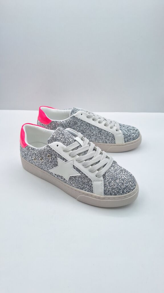 Silver Glitter Low-Top Sneakers with Pink Accent