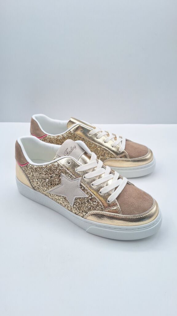 Gold Glitter Star Sneakers with White Accents