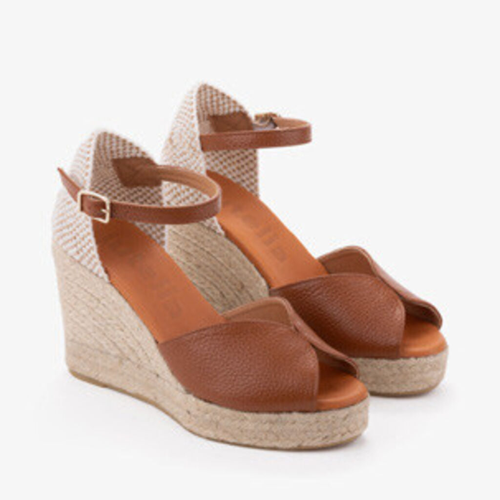 Caramel Textured Leather Wedges with Ankle Strap