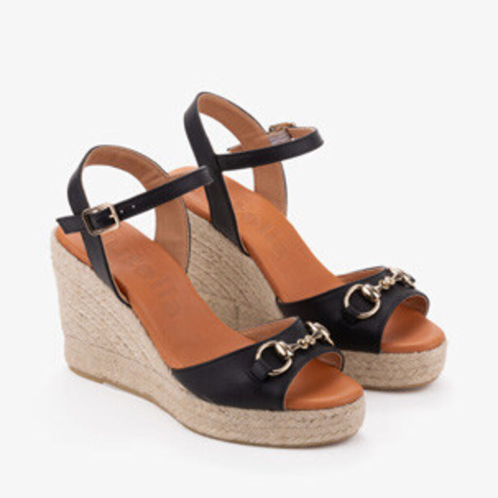 Black Leather Wedge Sandals with Chain Accent