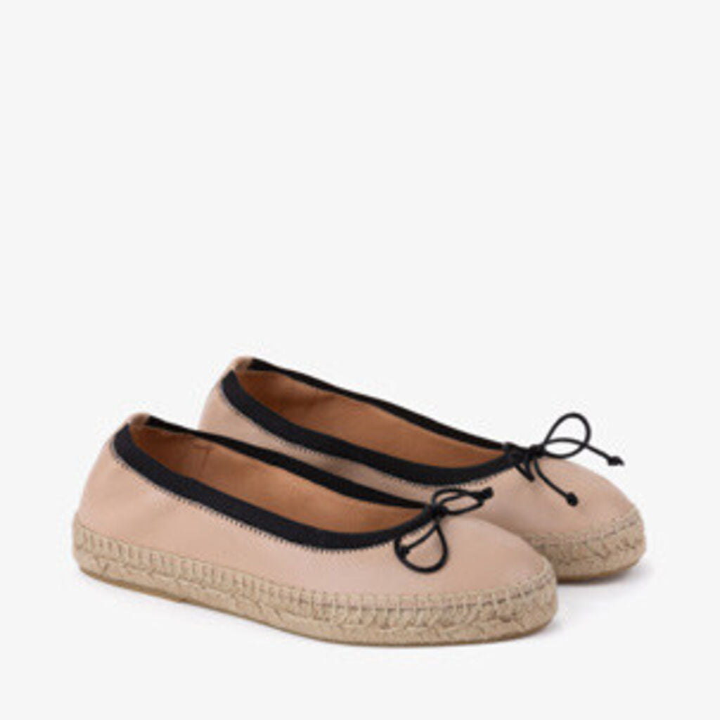 Beige Espadrille Flats with Black Trim and Bow Detail