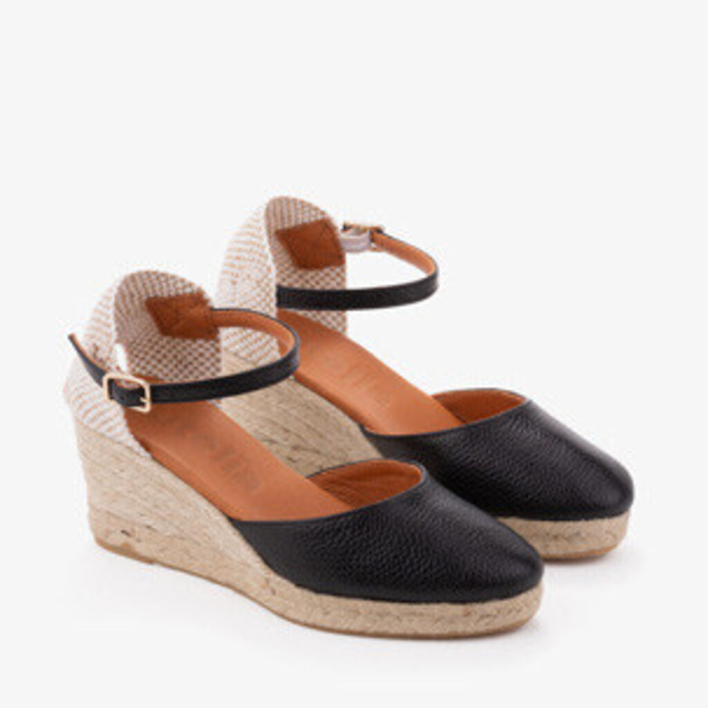 Black Textured Wedge Espadrilles with Ankle Strap
