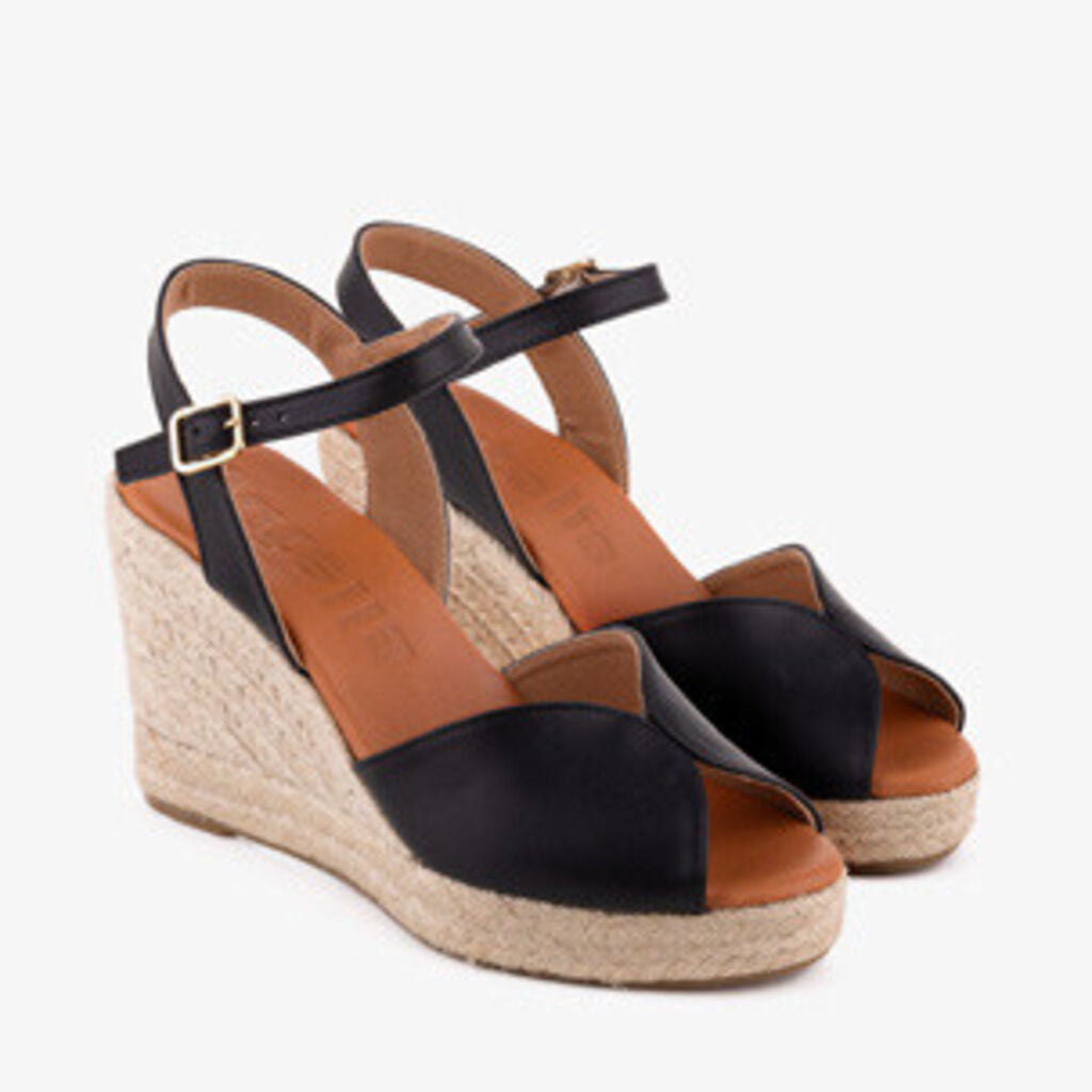 Black Glossy Wedge Sandals with Ankle Strap